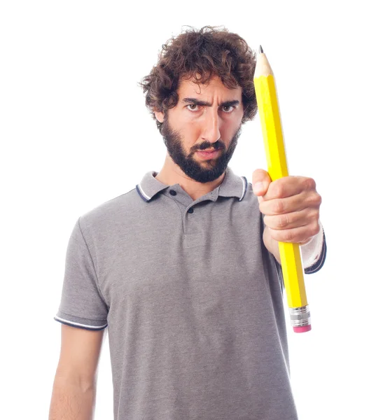 Young crazy man offering a pencil — Stock Photo, Image