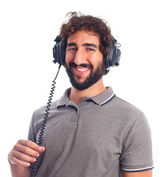 Joven barbudo con auriculares — Foto de Stock