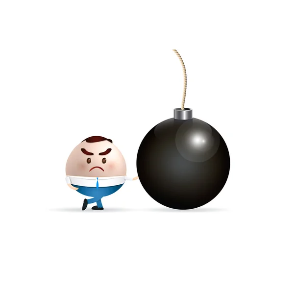 Caricatura de hombre de negocios enojado con una gran bomba — Vector de stock