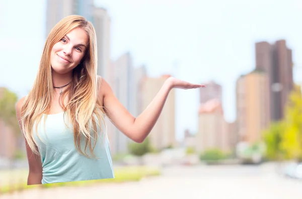 Young cool woman show sign — Stock Photo, Image