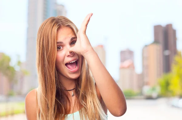 Joven fresco mujer bromeando signo —  Fotos de Stock