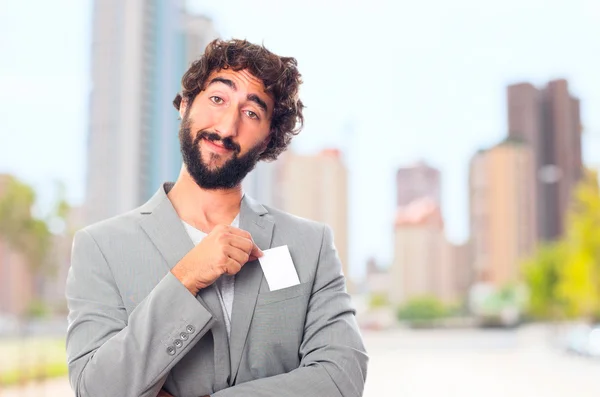 Young crazy man with a name card — Stock Photo, Image