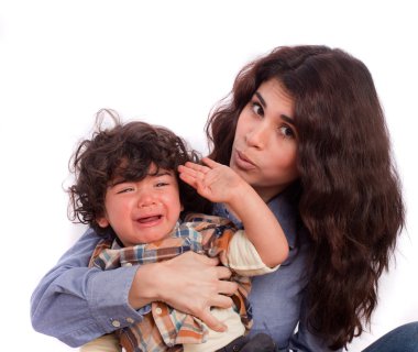 Mother soothing her pissed child clipart