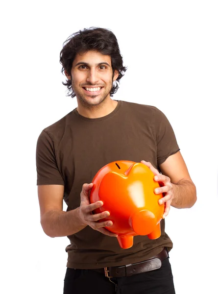 Hindoe cool jongeman met piggy bank — Stockfoto
