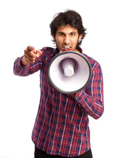 Hindu legal jovem com um megafone — Fotografia de Stock