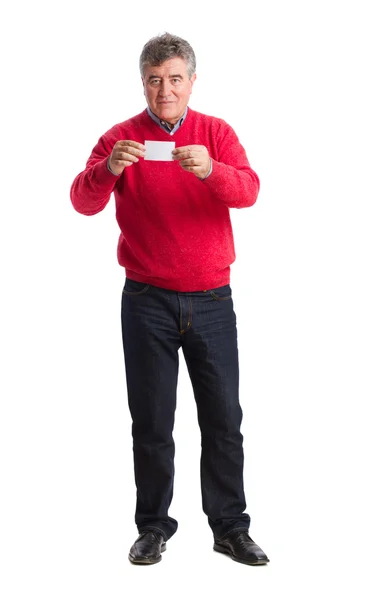 Old man holding a name card — Stock Photo, Image