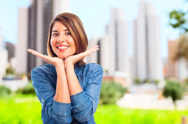 Young cool woman lovely sign — Stock Photo, Image