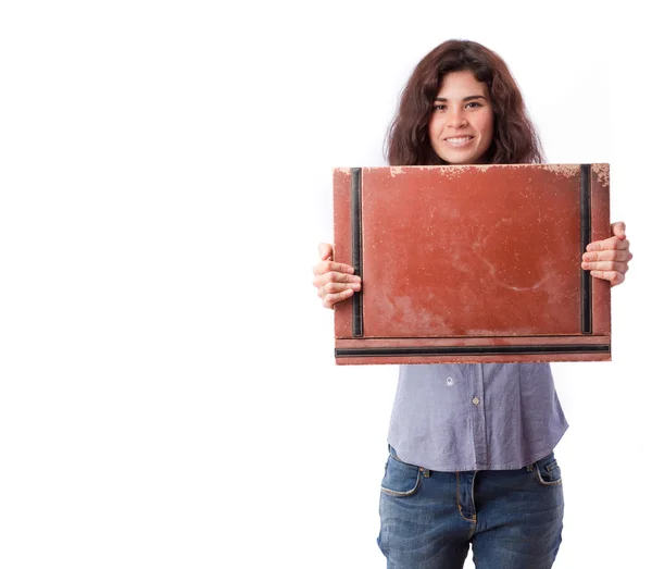 Glad tjej håller en läder plånbok — Stockfoto