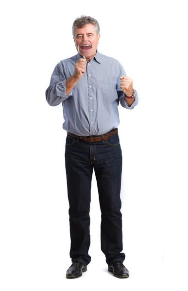 Winner man with a magnifying glass — Stock Photo, Image