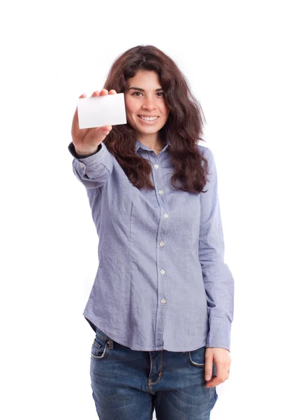 Menina orgulhosa segurando um cartão de nome — Fotografia de Stock
