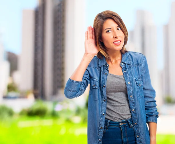 Young cool woman trying to listen — Stock Photo, Image