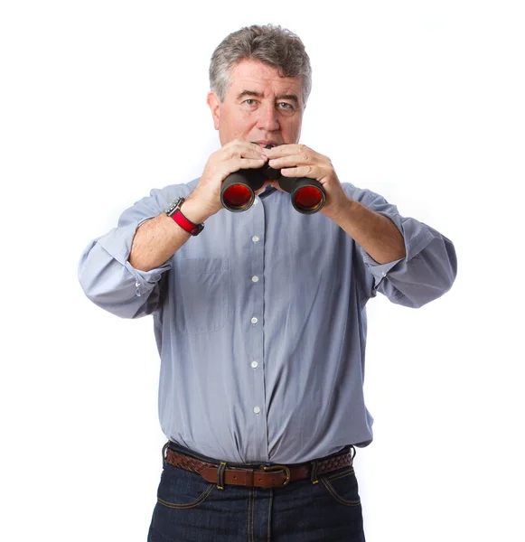 Thoughtful man with a binoculars — Stock Photo, Image