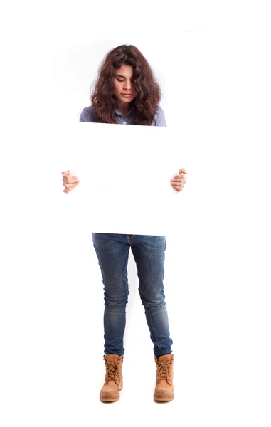 Girl looking at a name card — Stock Photo, Image