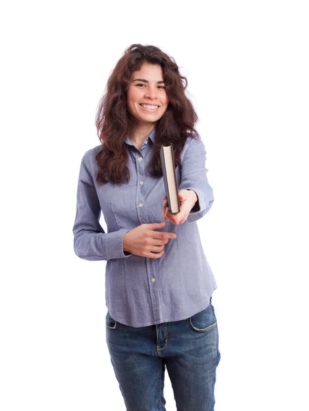 Funny girl offering a book — Stock Photo, Image