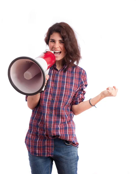 Fille célébrant avec un mégaphone — Photo