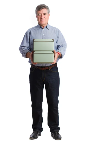 Bir kutu ile memnun adam — Stok fotoğraf