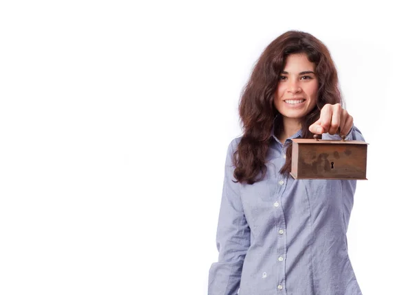 Gelukkig meisje houdt van een moneybox — Stockfoto