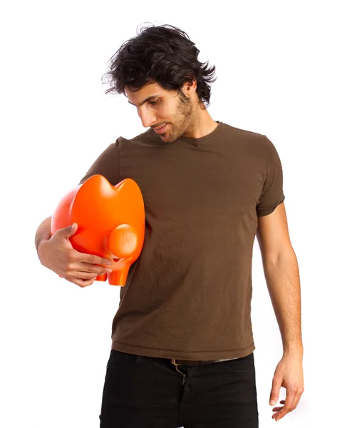 Hindu cool young man with piggy bank — Stock Photo, Image