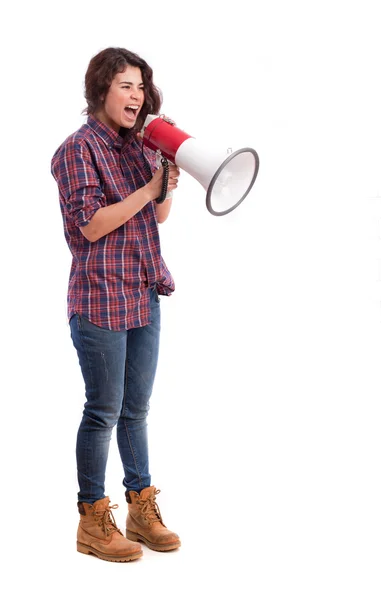 Girl shouting with a megaphone — Stock Photo, Image