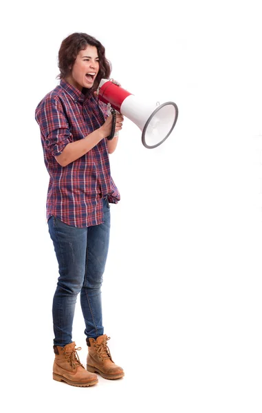 Chica gritando con un megáfono — Foto de Stock