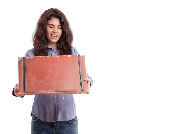 Έκπληκτος κοπέλα που κρατά ένα Δερμάτινο πορτοφόλι — Φωτογραφία Αρχείου