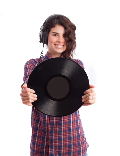 Chica feliz con auriculares y vinilo — Foto de Stock