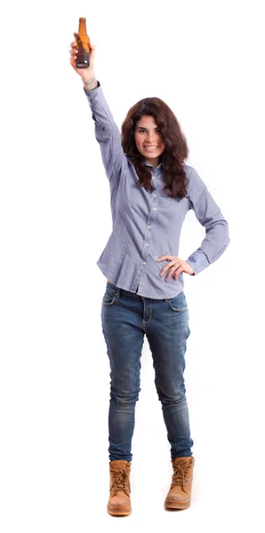 Happy girl celebrating with a beer — Stock Photo, Image