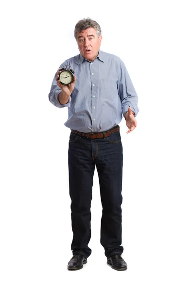 Kızgın adam ile bir çalar saat — Stok fotoğraf