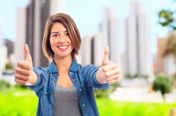 Young cool woman all rignt sign — Stock Photo, Image