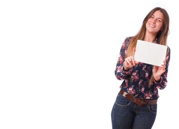 Happy girl holding a name card — Stock Photo, Image