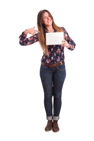 Šťastná dívka drží název karty — Stock fotografie