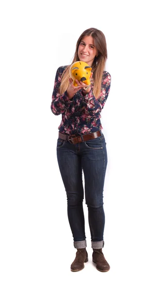 Girl holding a piggy bank — Stock Photo, Image