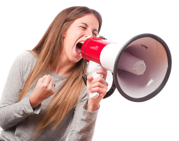 Girl shouting with a megaphone — Stock Photo, Image
