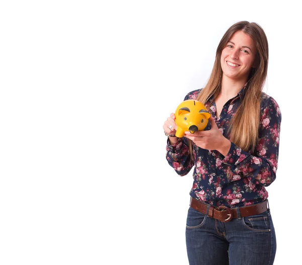 Tevreden meisje houden een piggy bank — Stockfoto