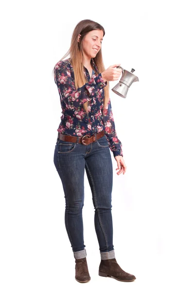 Girl holding a kettle — Stock Photo, Image