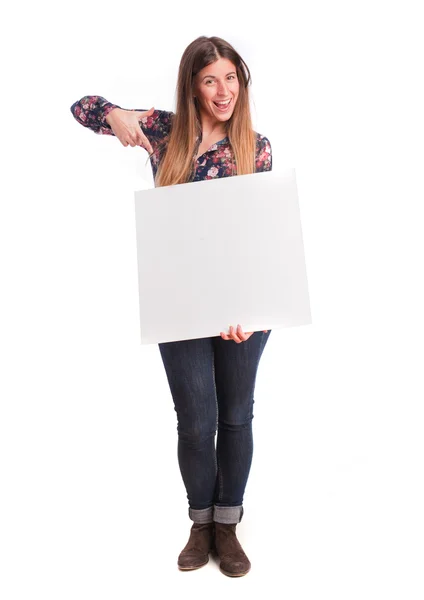 Happy girl with a name card — Stock Photo, Image