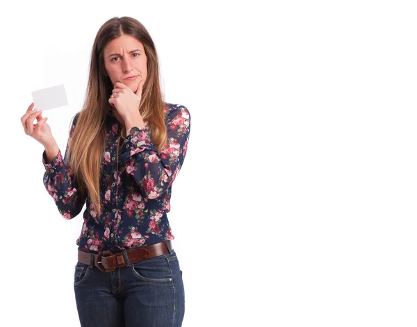 Menina pensativa segurando um cartão de nome — Fotografia de Stock