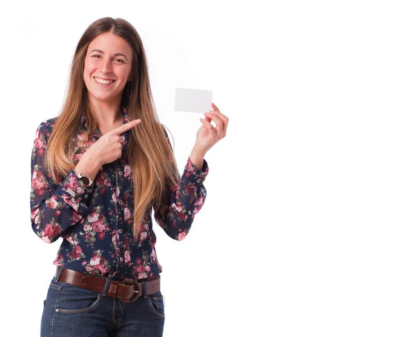 Satisfied girl with a name card — Stock Photo, Image