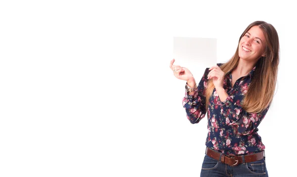 Satisfied girl with a name card — Stock Photo, Image