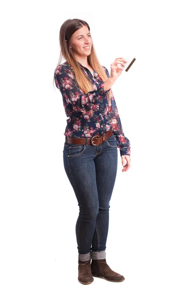 Satisfied girl with a credit card — Stock Photo, Image