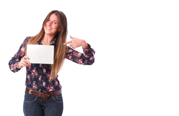 Chica feliz posando con una tarjeta de nombre —  Fotos de Stock