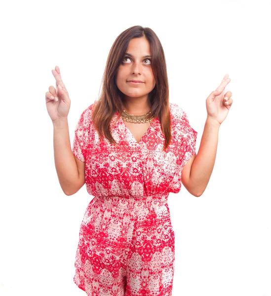 Concentrated girl finger crossed gesture — Stock Photo, Image