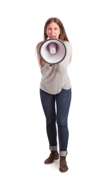 Menina gritando com um megafone — Fotografia de Stock