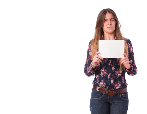 Worried girl holding a name card — Stock Photo, Image