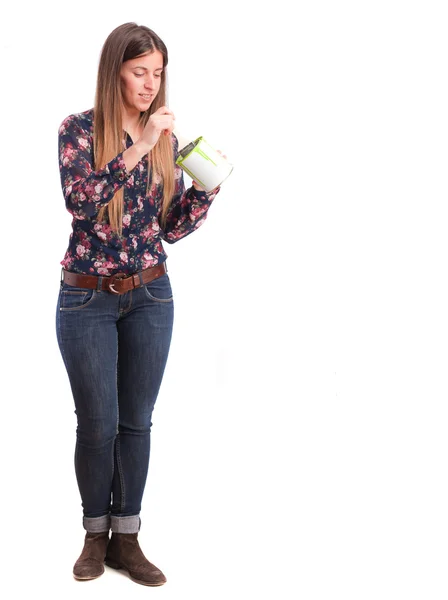 Girl with a paint can — Stock Photo, Image