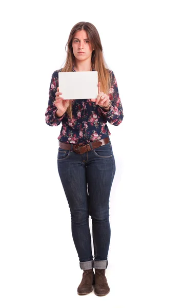 Κοπέλα που κρατά μια κάρτα ονόματος — Φωτογραφία Αρχείου
