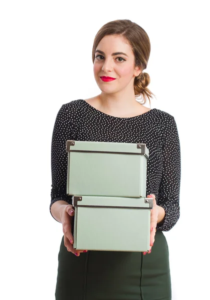 Young girl with holding a boxes — Stock Photo, Image