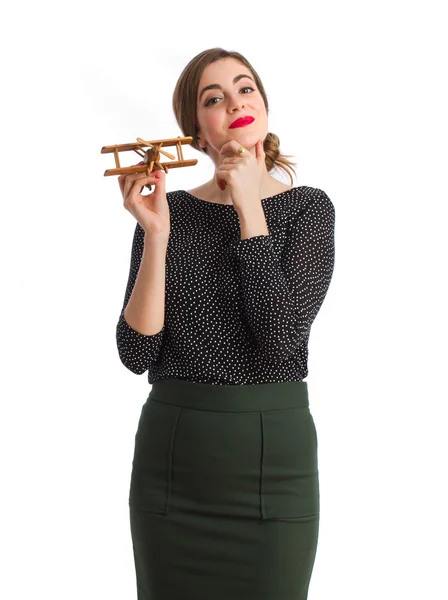 Young woman with a wood plane — Stock Photo, Image