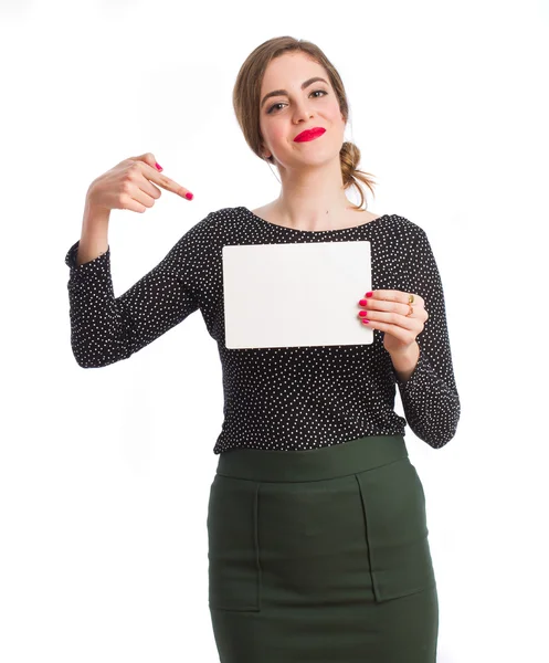 Chica joven con una tarjeta de nombre —  Fotos de Stock