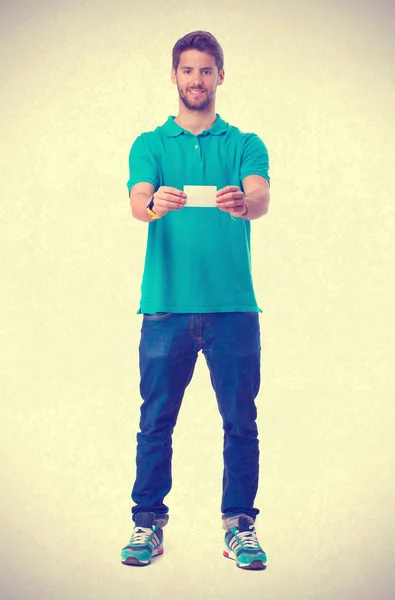 Guy holding a name card — Stock Photo, Image